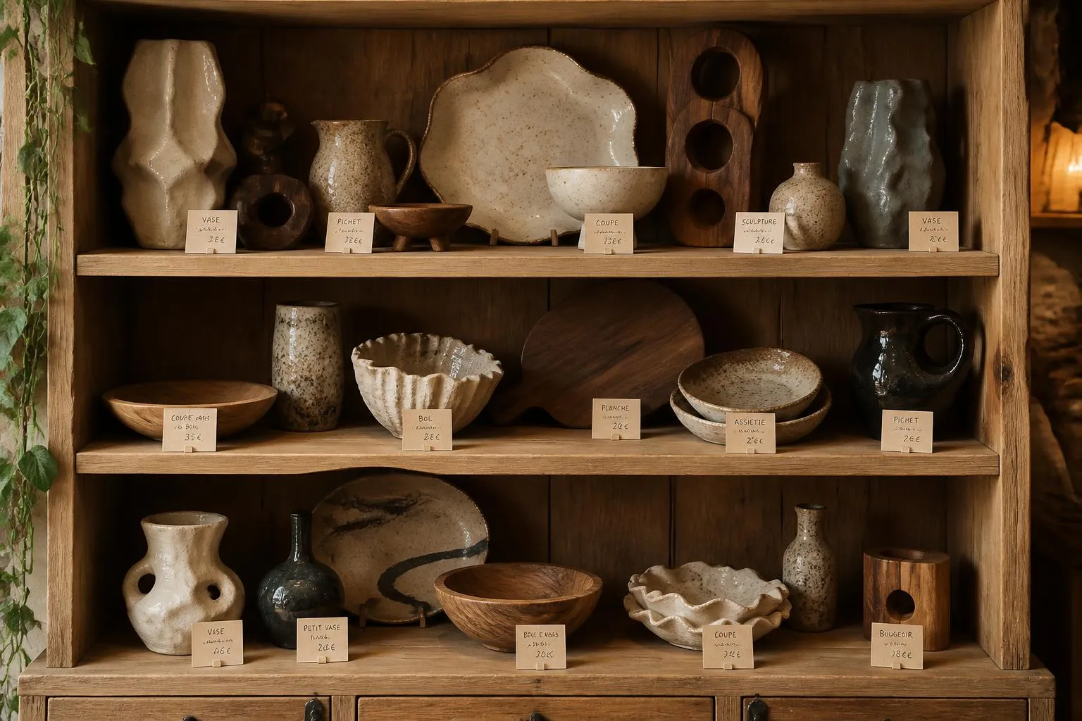 une étagère de boutique en bois, chargée de pièces en céramique et en bois de formes irrégulières, chacune avec sa petite étiquette papier