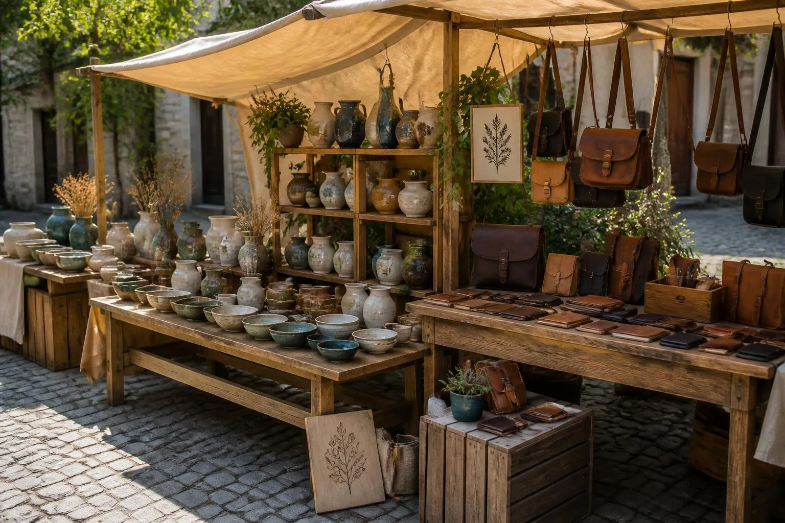 un stand de marché en extérieur, étals en bois chargés de céramiques et de pièces en cuir, sans personne visible